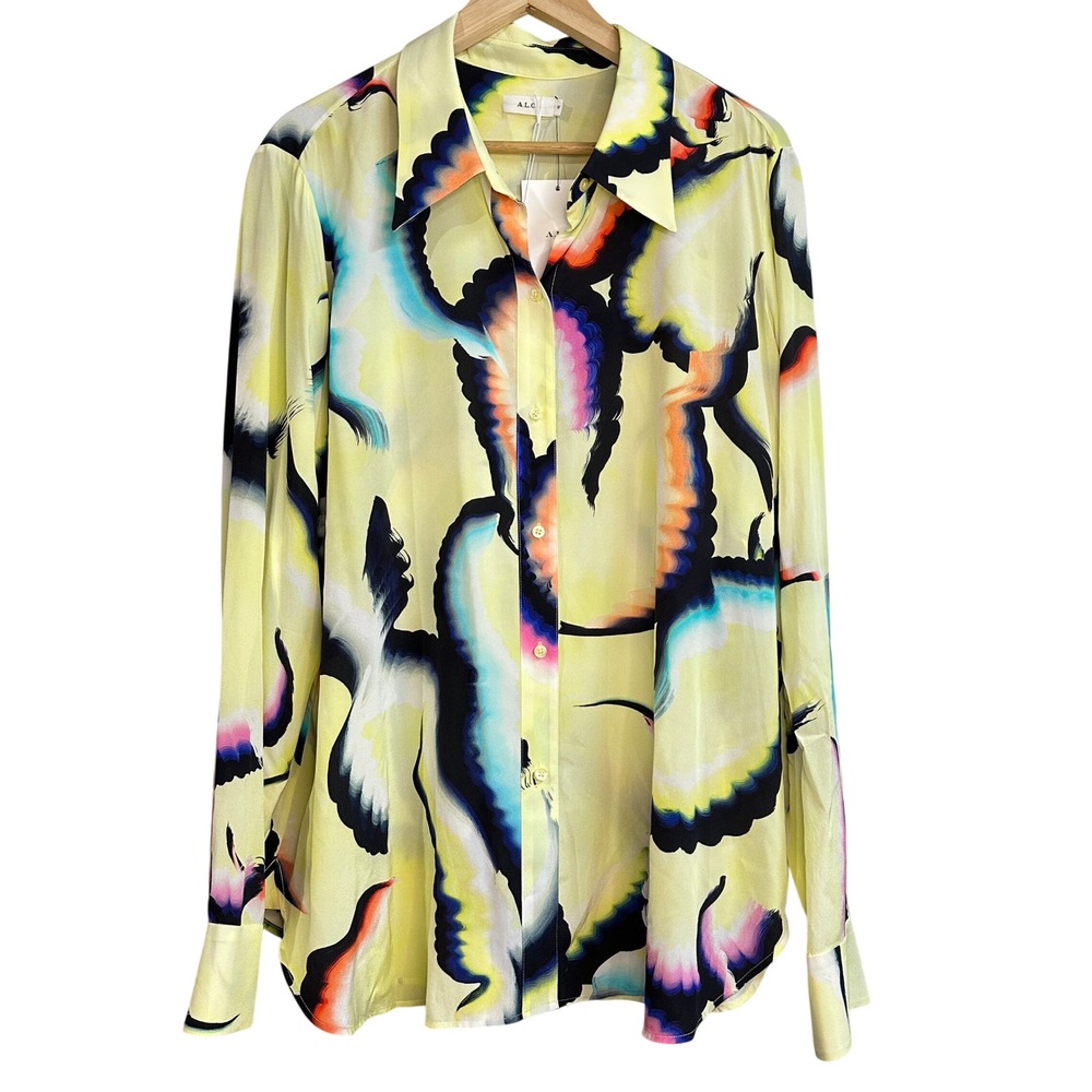 ALC‎ Women Jayne Yellow Abstract Print Silk Blend Button Down Shirt Size 18 NWT